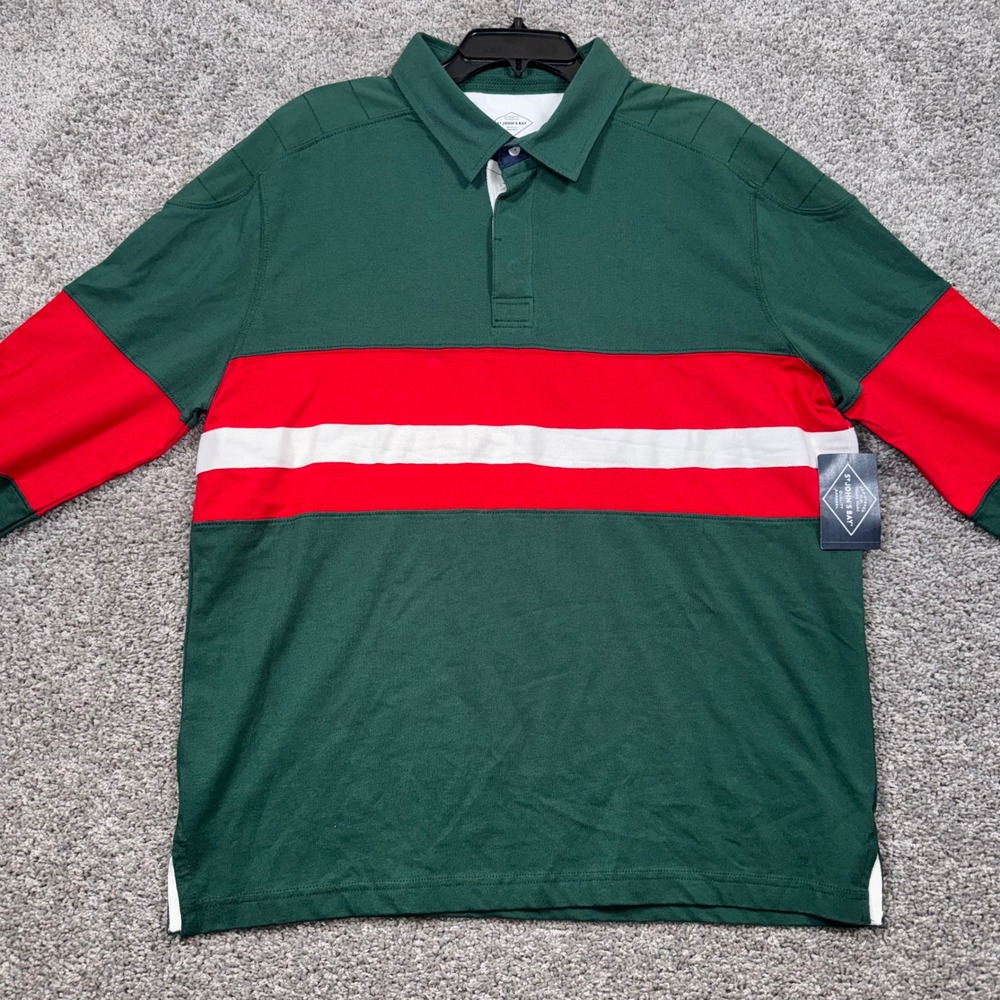 St Johns Bay Rugby Shirt Mens Colorblock Striped Green Red Large NEW